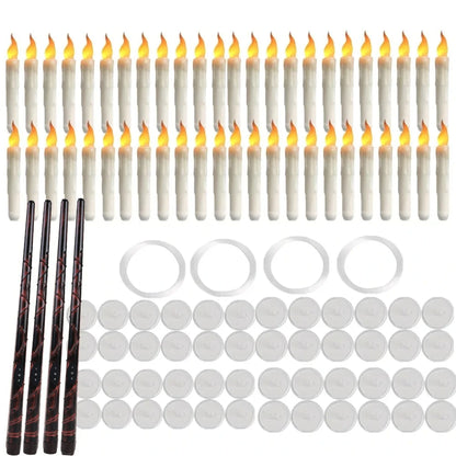 Set of 12/24 Hanging Floating Candles with Magic Wand LED Flickering Candles Flameless Battery Operated for Halloween Xmas Party