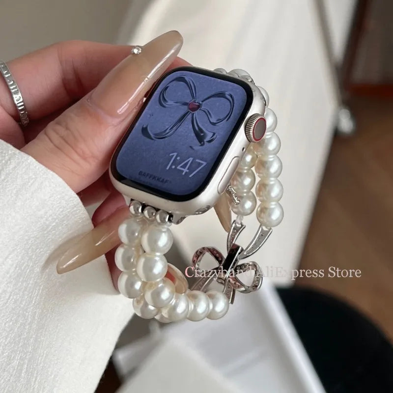 2025 New Bow Stretch Beaded Strap Women's Watch Strap for Apple Watch 38/40/41/42/44/45/46/49mm for Iwatch 9 8 7 6 SE Bracelet