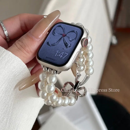 2025 New Bow Stretch Beaded Strap Women's Watch Strap for Apple Watch 38/40/41/42/44/45/46/49mm for Iwatch 9 8 7 6 SE Bracelet