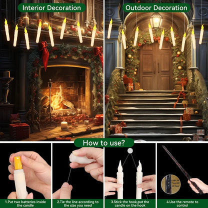 Set of 12/24 Hanging Floating Candles with Magic Wand LED Flickering Candles Flameless Battery Operated for Halloween Xmas Party
