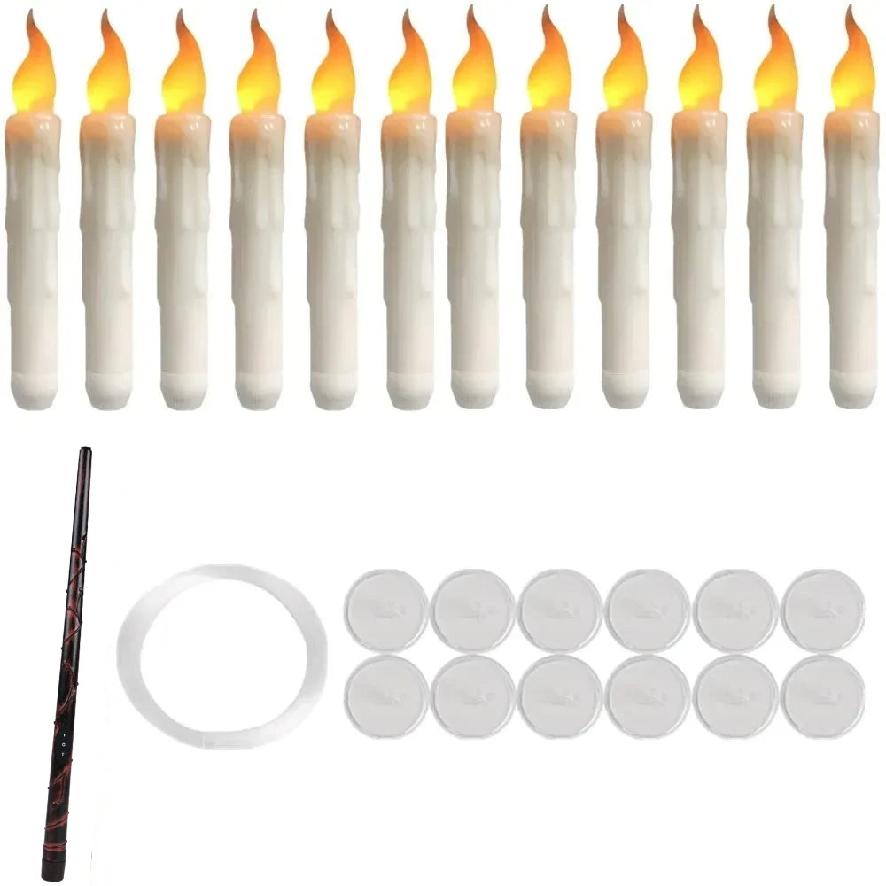 Set of 12/24 Hanging Floating Candles with Magic Wand LED Flickering Candles Flameless Battery Operated for Halloween Xmas Party