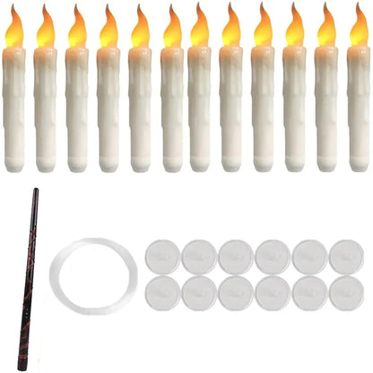 Set of 12/24 Hanging Floating Candles with Magic Wand LED Flickering Candles Flameless Battery Operated for Halloween Xmas Party