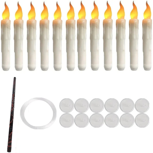 Set of 12/24 Hanging Floating Candles with Magic Wand LED Flickering Candles Flameless Battery Operated for Halloween Xmas Party
