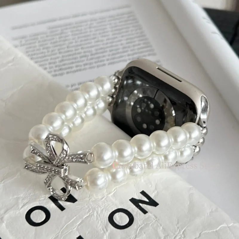 2025 New Bow Stretch Beaded Strap Women's Watch Strap for Apple Watch 38/40/41/42/44/45/46/49mm for Iwatch 9 8 7 6 SE Bracelet