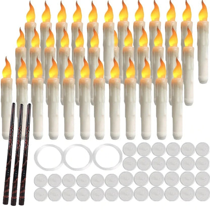 Set of 12/24 Hanging Floating Candles with Magic Wand LED Flickering Candles Flameless Battery Operated for Halloween Xmas Party