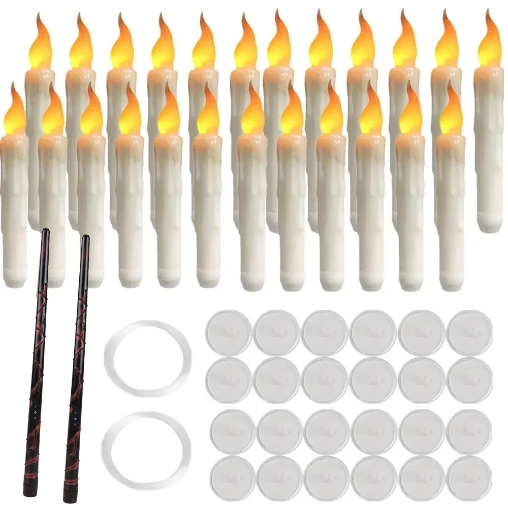 Set of 12/24 Hanging Floating Candles with Magic Wand LED Flickering Candles Flameless Battery Operated for Halloween Xmas Party
