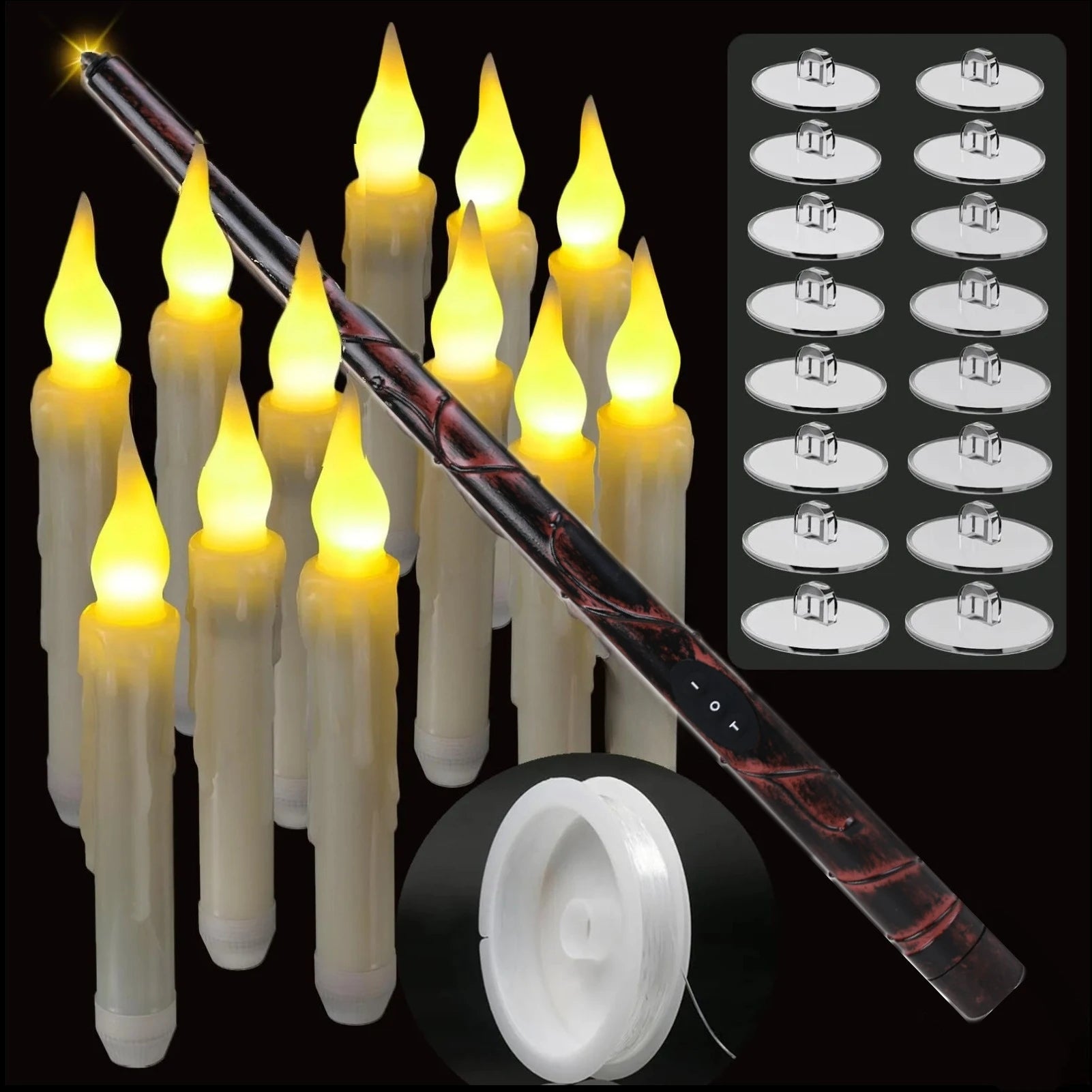 Set of 12/24 Hanging Floating Candles with Magic Wand LED Flickering Candles Flameless Battery Operated for Halloween Xmas Party