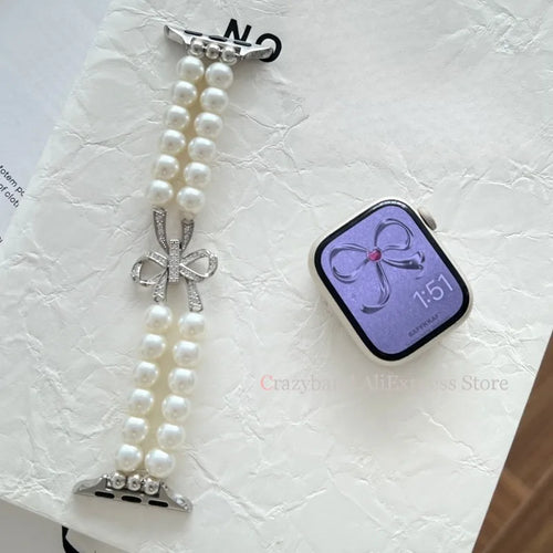 2025 New Bow Stretch Beaded Strap Women's Watch Strap for Apple Watch 38/40/41/42/44/45/46/49mm for Iwatch 9 8 7 6 SE Bracelet