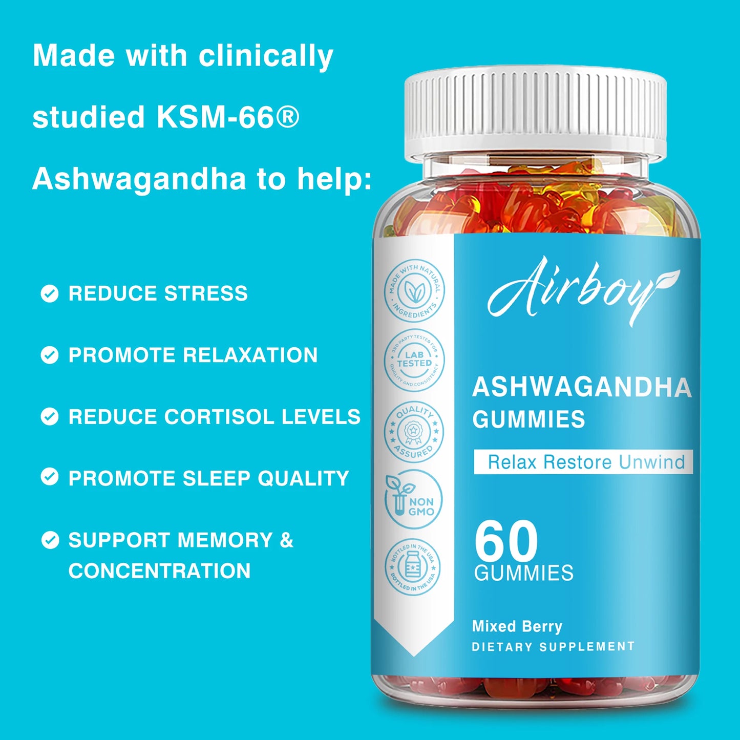 Ashwagandha Gummies - Enhance Physical Energy, Reduce Cortisol, Reduce Stress, Relax The Body and Mind, Non-GMO - 60 Gummies