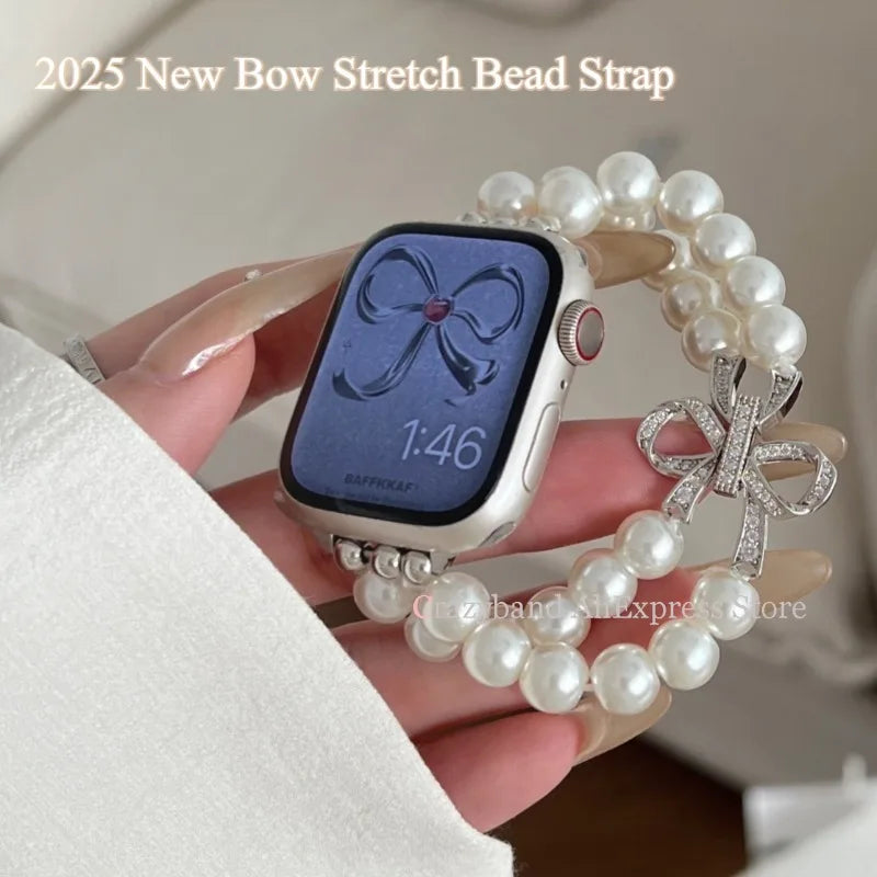 2025 New Bow Stretch Beaded Strap Women's Watch Strap for Apple Watch 38/40/41/42/44/45/46/49mm for Iwatch 9 8 7 6 SE Bracelet