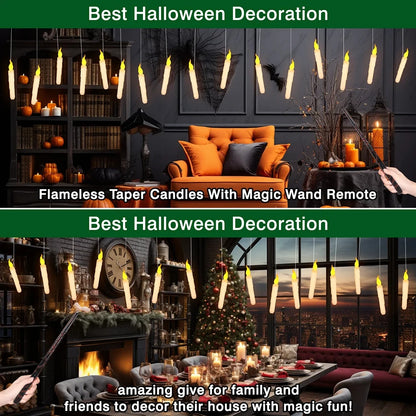 Set of 12/24 Hanging Floating Candles with Magic Wand LED Flickering Candles Flameless Battery Operated for Halloween Xmas Party