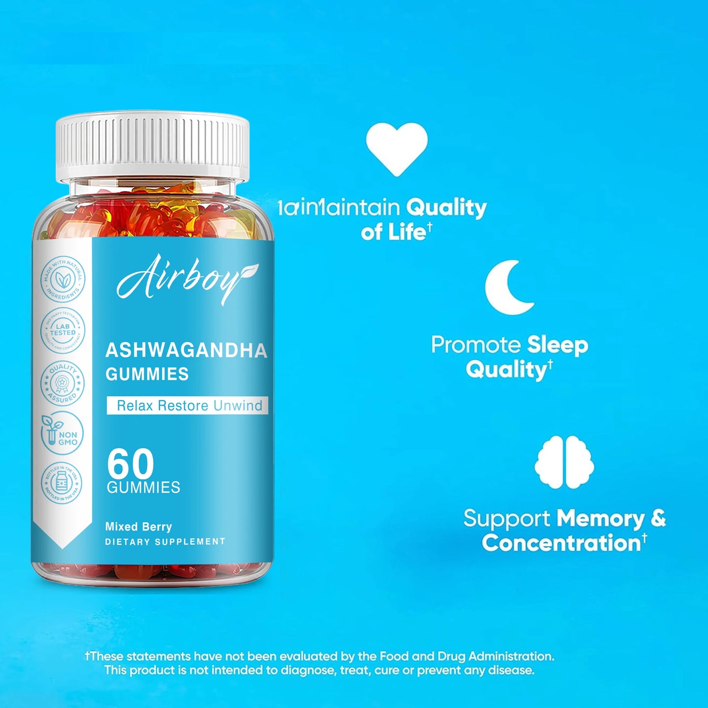 Ashwagandha Gummies - Enhance Physical Energy, Reduce Cortisol, Reduce Stress, Relax The Body and Mind, Non-GMO - 60 Gummies