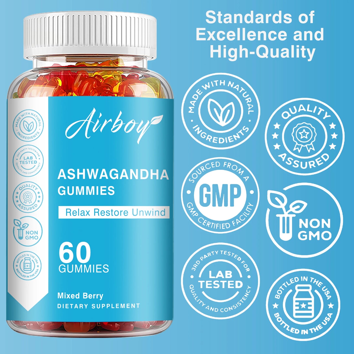 Ashwagandha Gummies - Enhance Physical Energy, Reduce Cortisol, Reduce Stress, Relax The Body and Mind, Non-GMO - 60 Gummies